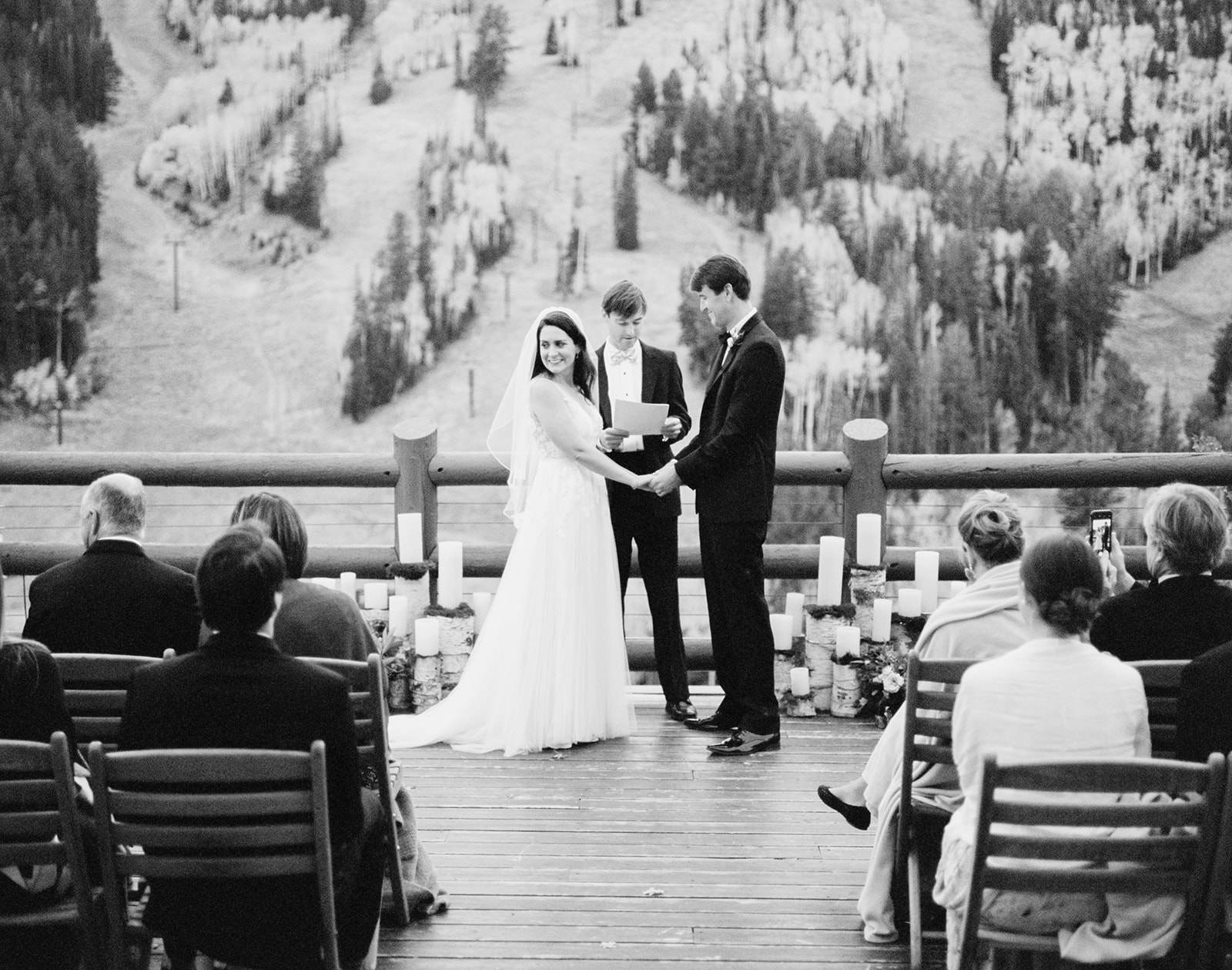 A black and white picture of a fall wedding in Park City Utah