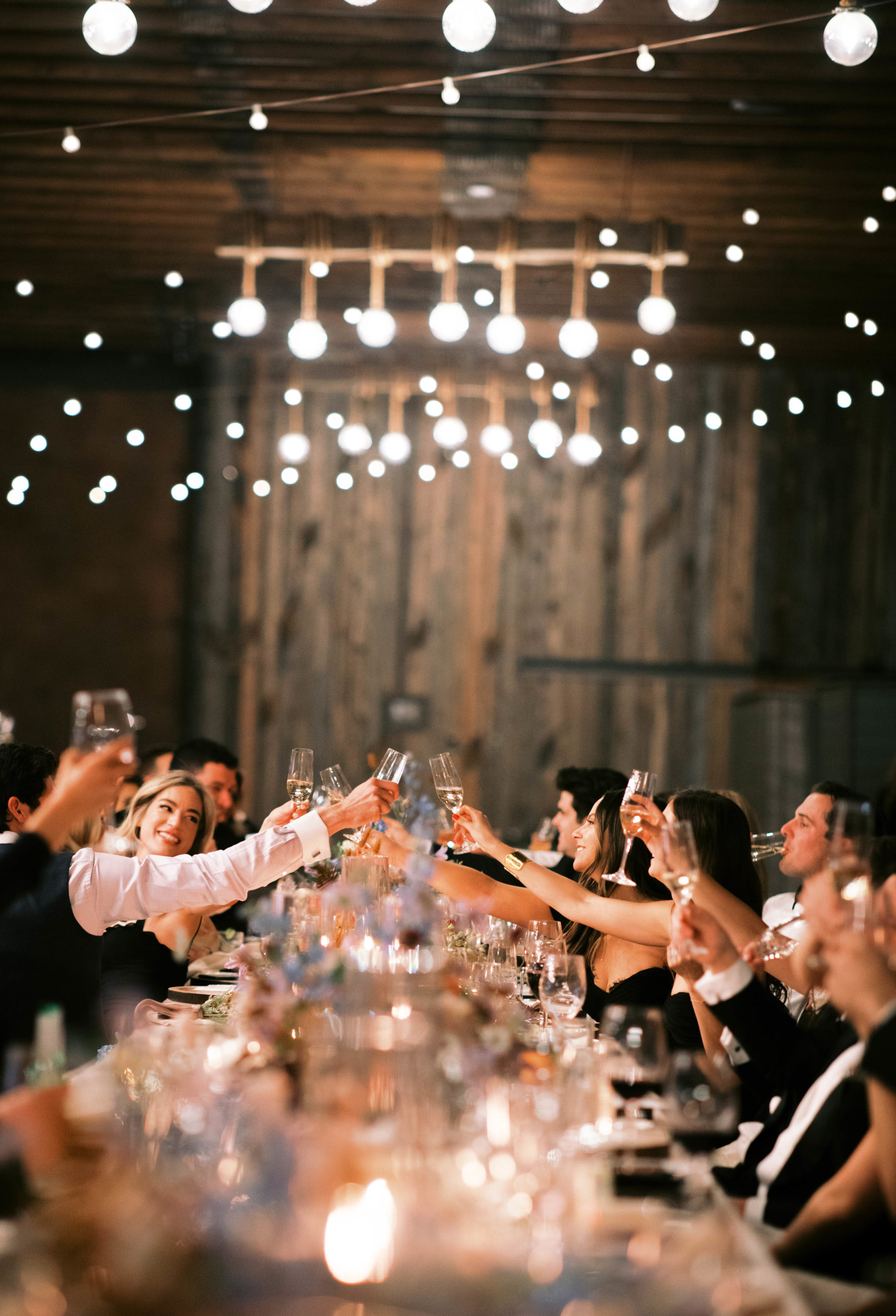 guests raise their glass to toast the bride and groom at their utah blue sky ranch wedding reception. photo by megan robinson photography