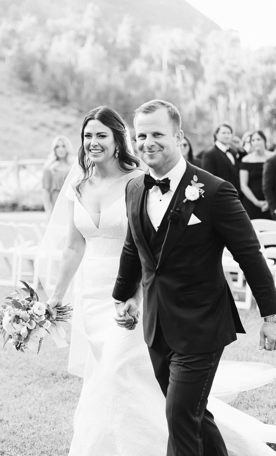 black and white photo of the bride and groom just after their ceremony at their montage deer valley wedding in park city. photo by megan robinson photography