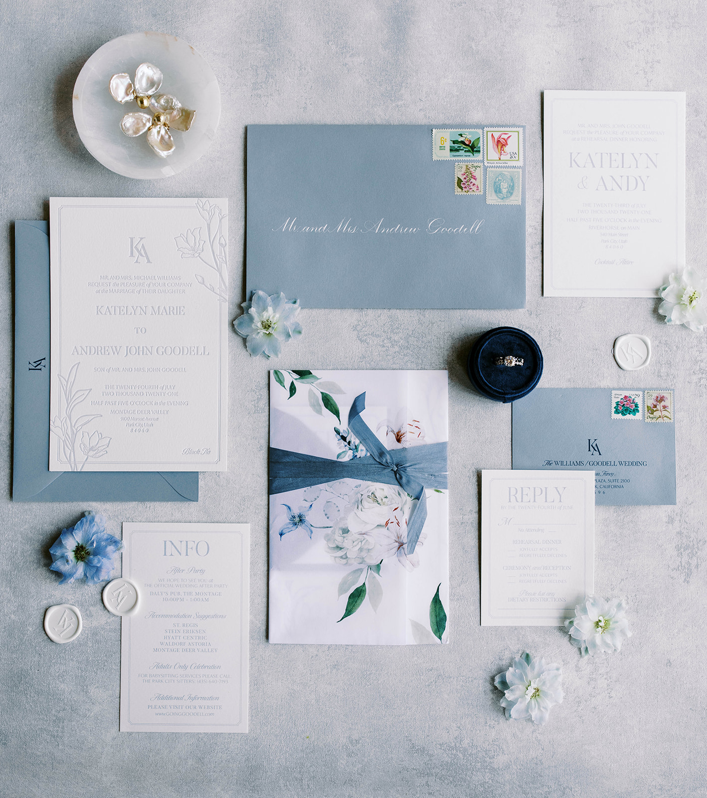 garden party wedding invitiation suite and bridal accessory layflat photo. photo by megan robinson photography