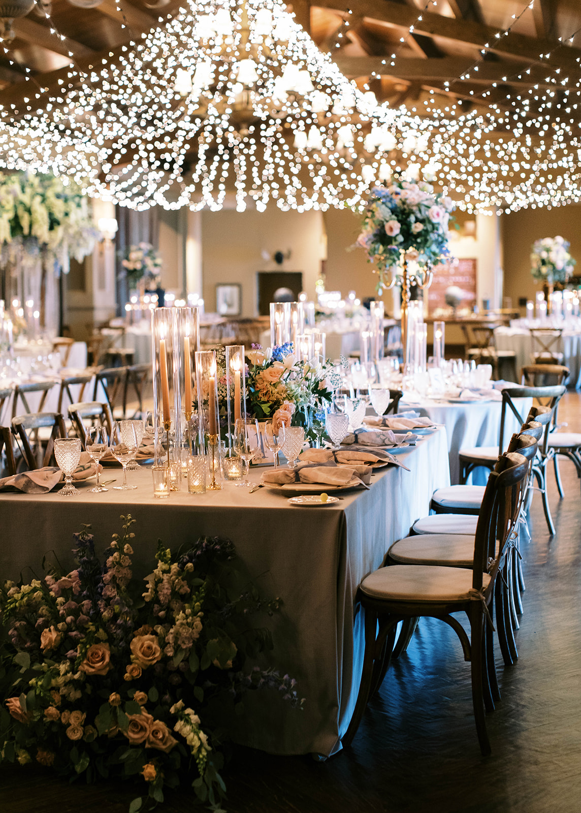 a wedding reception setup for a garden theme wedding at montage deer valley resort in park city utah. photo by megan robinson photography