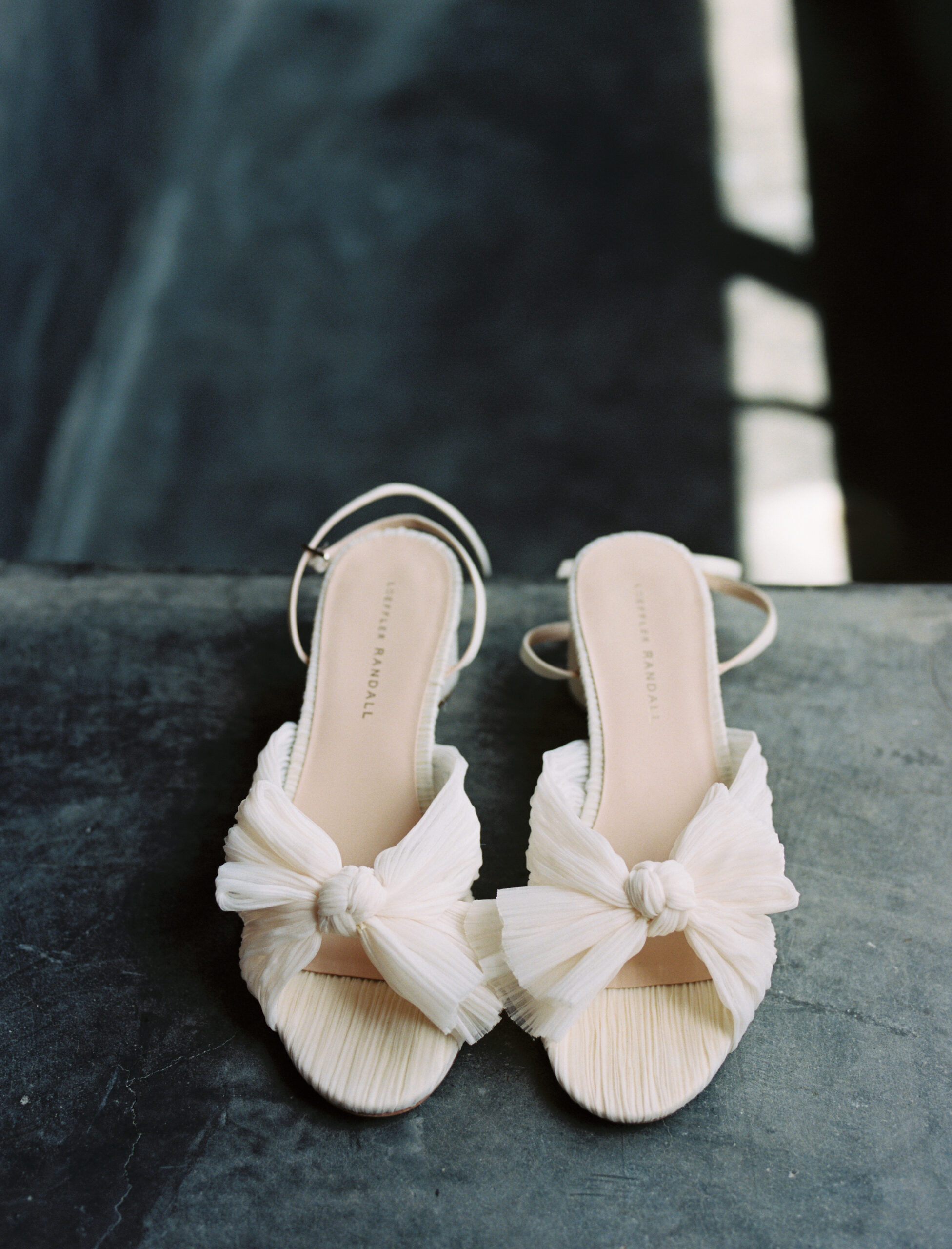 Loeffler Randall Camellia Bow Heels on a deep blue ground