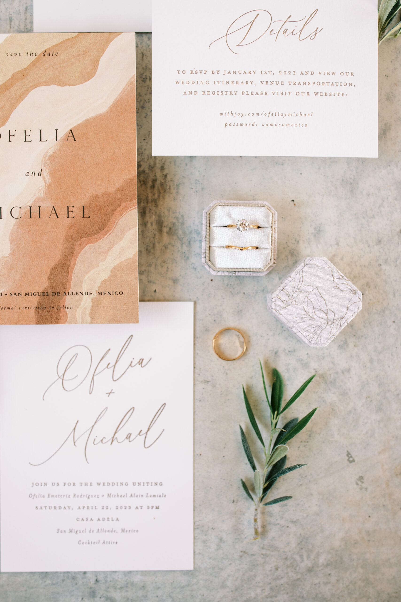 wedding suite, invitation, clean and simple invitation with wedding ring and greenery on a concrete background